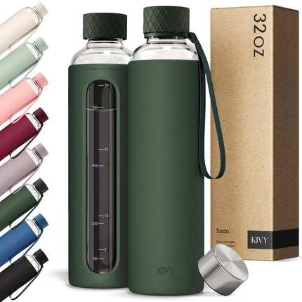 Botella de agua KIVY de vidrio borosilicato de 950 ml con funda de silicona