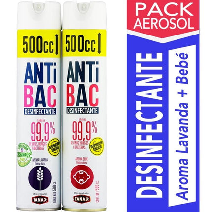 Desinfectante Antibacterial Lavanda y Bebé Pack 2 Aerosol Lata, 500 ml