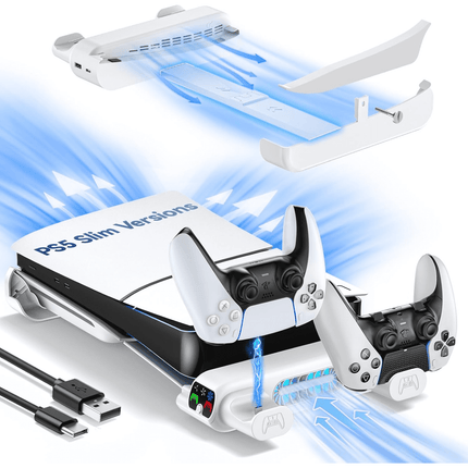 Soporte de refrigeración horizontal de repuesto para PlayStation Slim Disc & Digital Only, cargador doble para mando PS5 con ventilador de refrigeración de 3 niveles, para consola 2023 PS5 Slim-Blanco