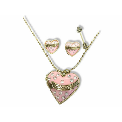 Conjunto Collar Largo Relicario Aros Corazon Rosa Dulce Amor