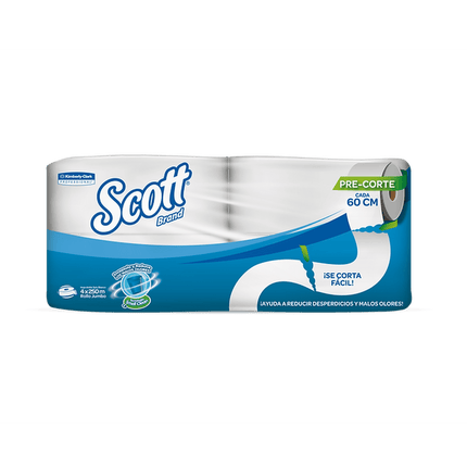Papel Higienico pre cortado doble hoja con aroma 4 rollos x 250 mts Scott