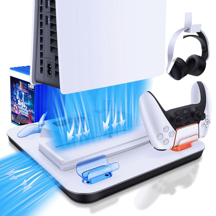 Base de carga para PS5/Slim/Pro/PSVR2 con ventilador de refrigeración y estación de carga para dos controladores
