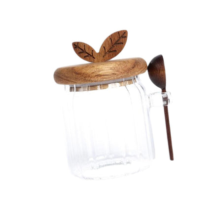 Jarra De Vidrio Con Tapa De Madera Y Cuchara De Frasco Transparente Para La Despensa De Azúcar Del Baño 500ml