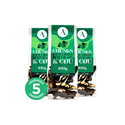 Pack 5, Chocolate Chunks Bitter 60% y Cajú 100gr