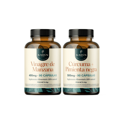 Pack Antiinflamatorio: Cúrcuma + Pimienta y Vinagre de Manzana 180 Cap Karun Life