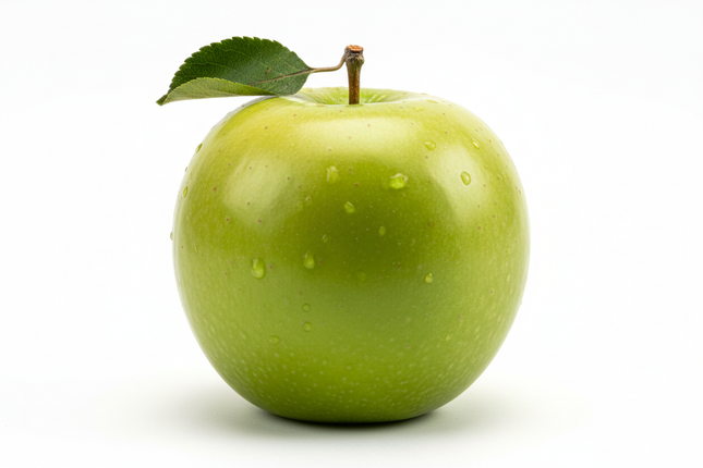 manzana verde hiperrealista con fondo blanco estricto